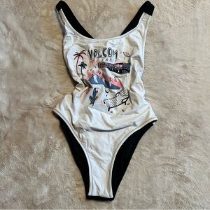 Volcom White and Black Graphic One-Piece Swimsuit